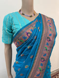 Rama Blue Dual-Tone Paithani Katan Silk Saree with Traditional Peacock Design