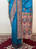 Rama Blue Dual-Tone Paithani Katan Silk Saree with Traditional Peacock Design