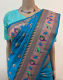Rama Blue Dual-Tone Paithani Katan Silk Saree with Traditional Peacock Design