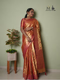 Indian Traditional Exclusive Kanjivaram Golden with Pink Floral Motifs Designer Saree