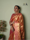Indian Traditional Exclusive Kanjivaram Golden with Pink Floral Motifs Designer Saree