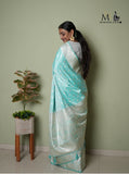 New Paled Turquoise peacock pallu and floral body design premium Banarasi self silk saree partywear and traditional saree