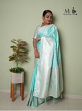 New Paled Turquoise peacock pallu and floral body design premium Banarasi self silk saree partywear and traditional saree