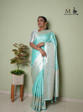 New Paled Turquoise peacock pallu and floral body design premium Banarasi self silk saree partywear and traditional saree