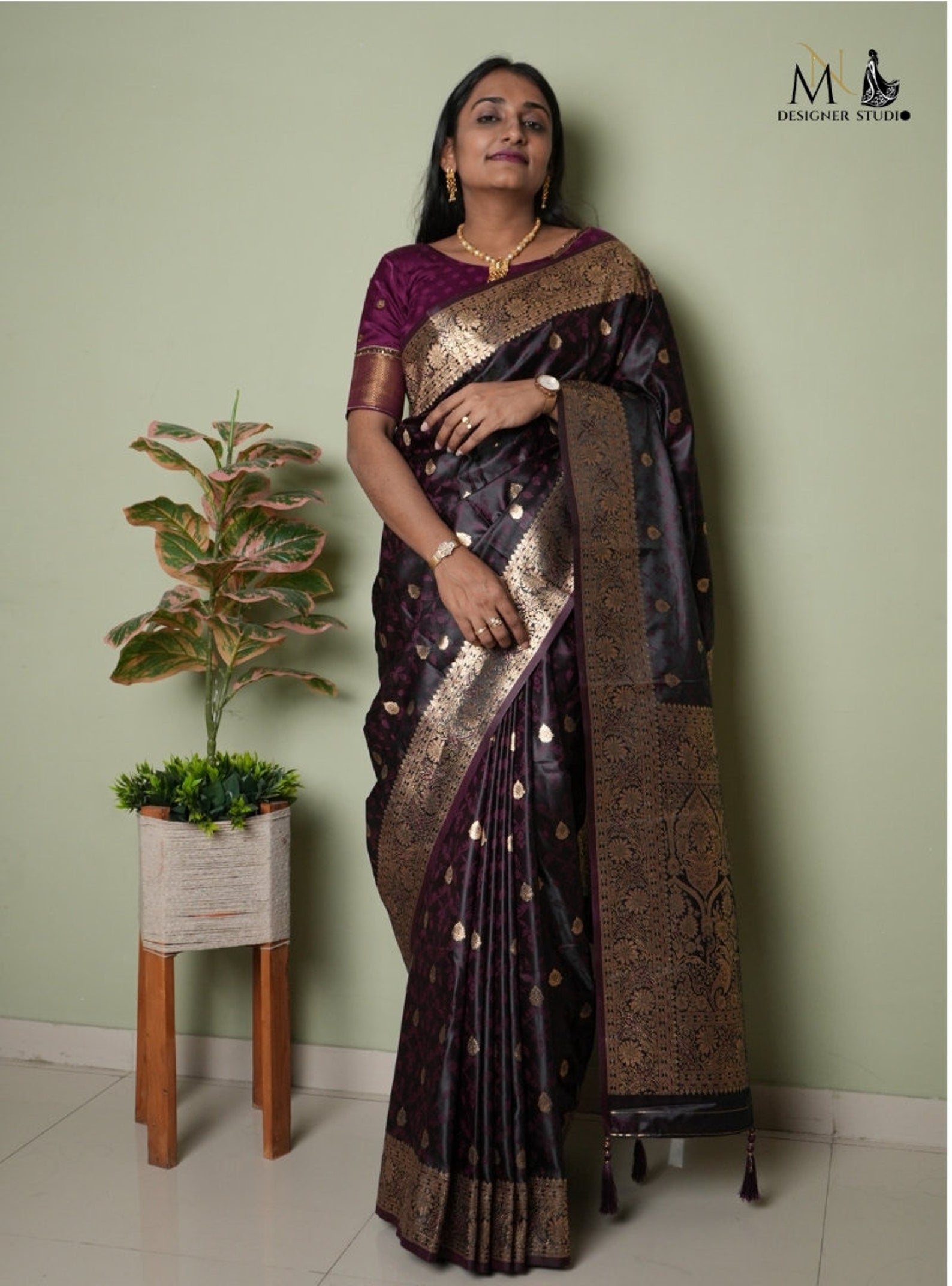 New dark Purple unique floral design with golden zari Buti anbhiga Premium Banarasi self silk saree for women wedding and Party wear special