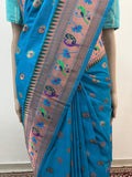 Rama Blue Dual-Tone Paithani Katan Silk Saree with Traditional Peacock Design