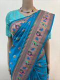 Rama Blue Dual-Tone Paithani Katan Silk Saree with Traditional Peacock Design