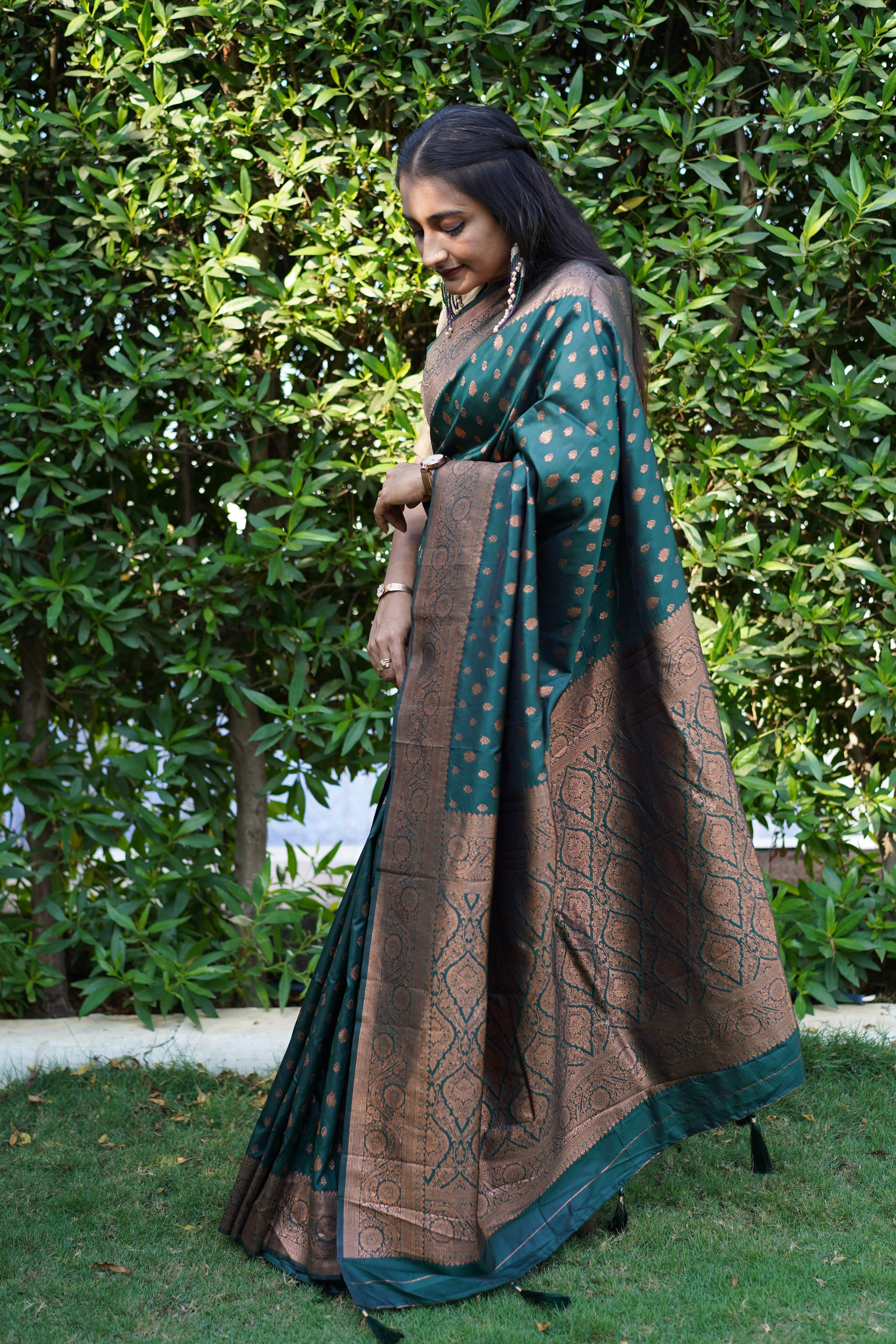 Forest Green Banarasi self silk Saree