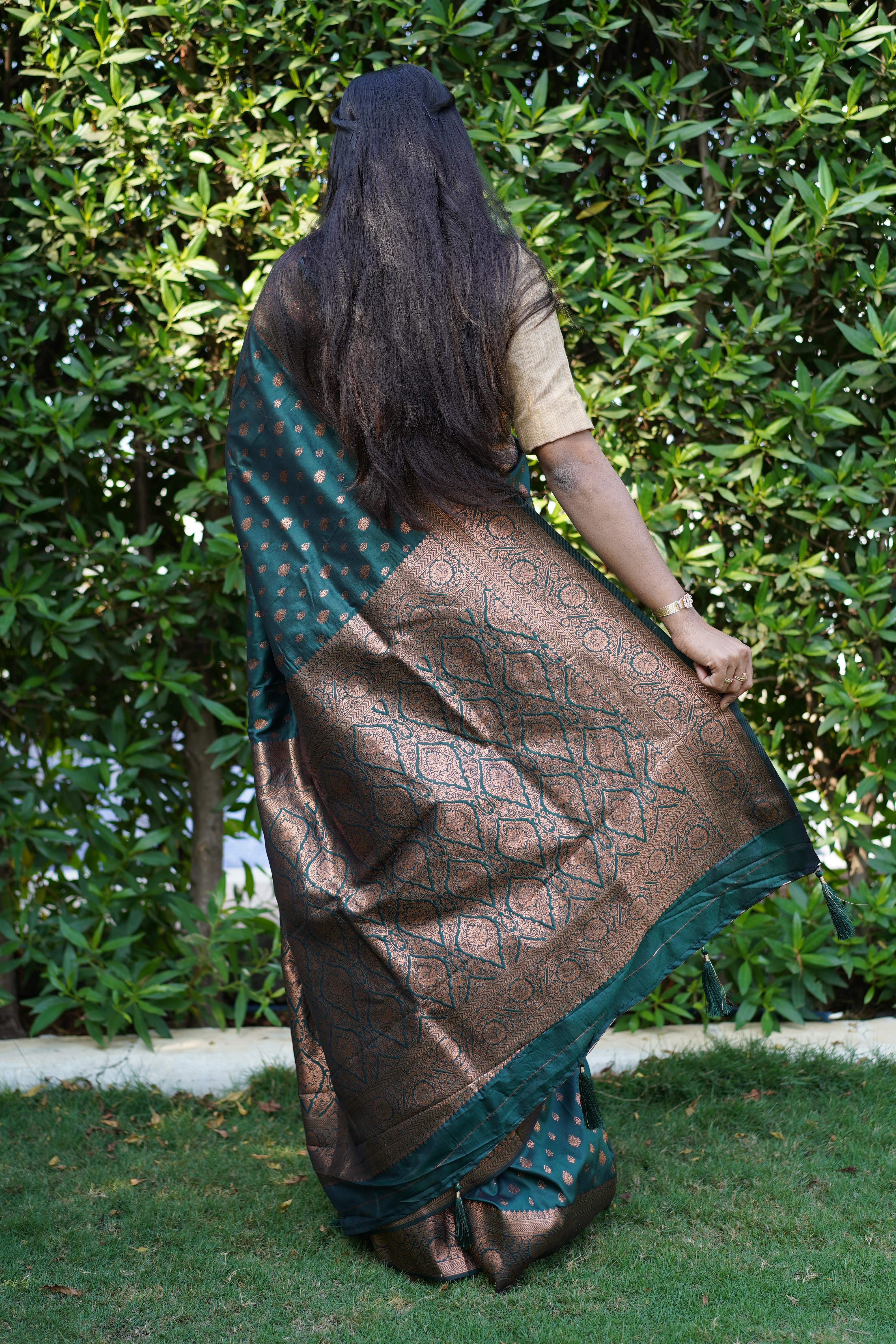 Forest Green Banarasi self silk Saree