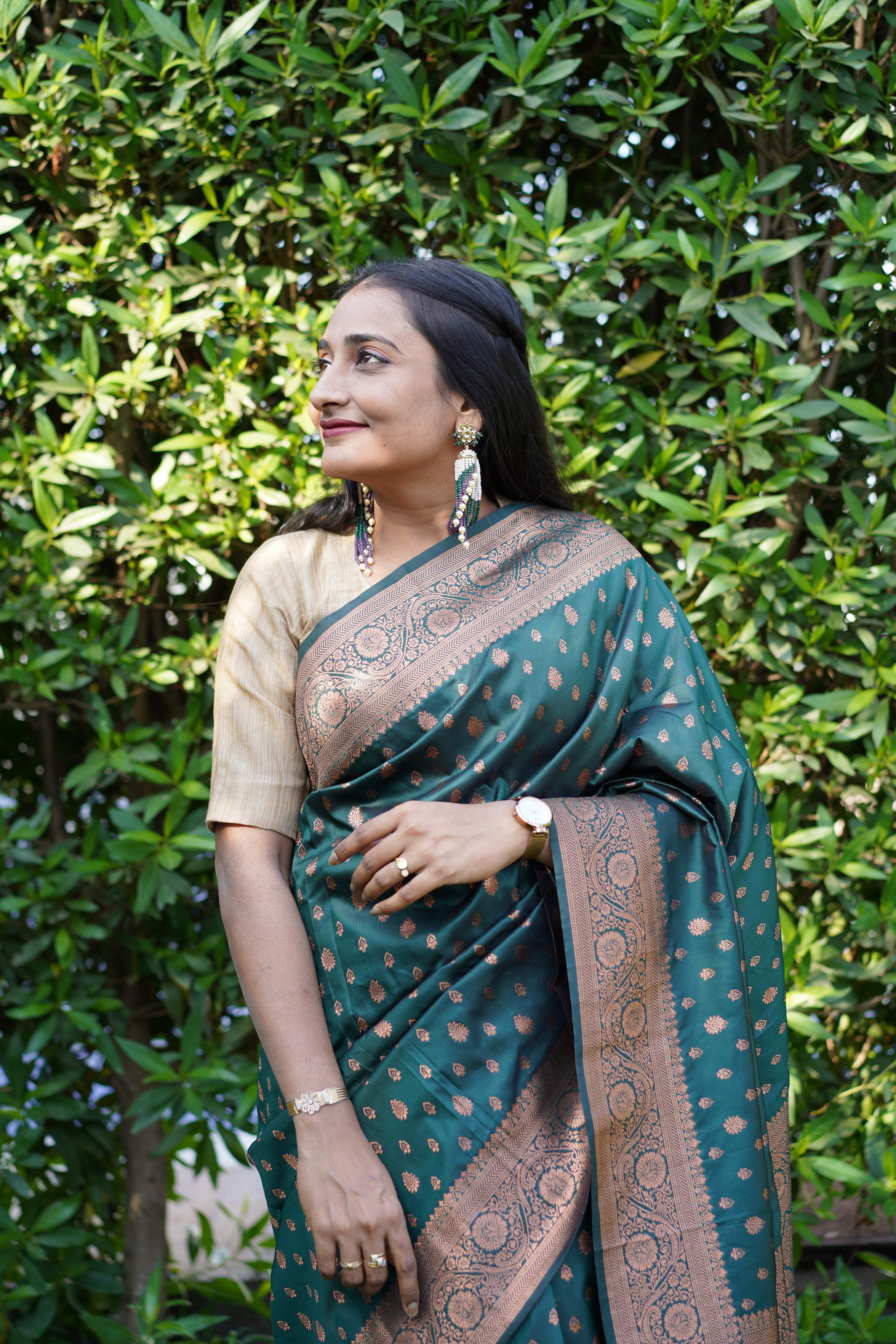 Forest Green Banarasi self silk Saree