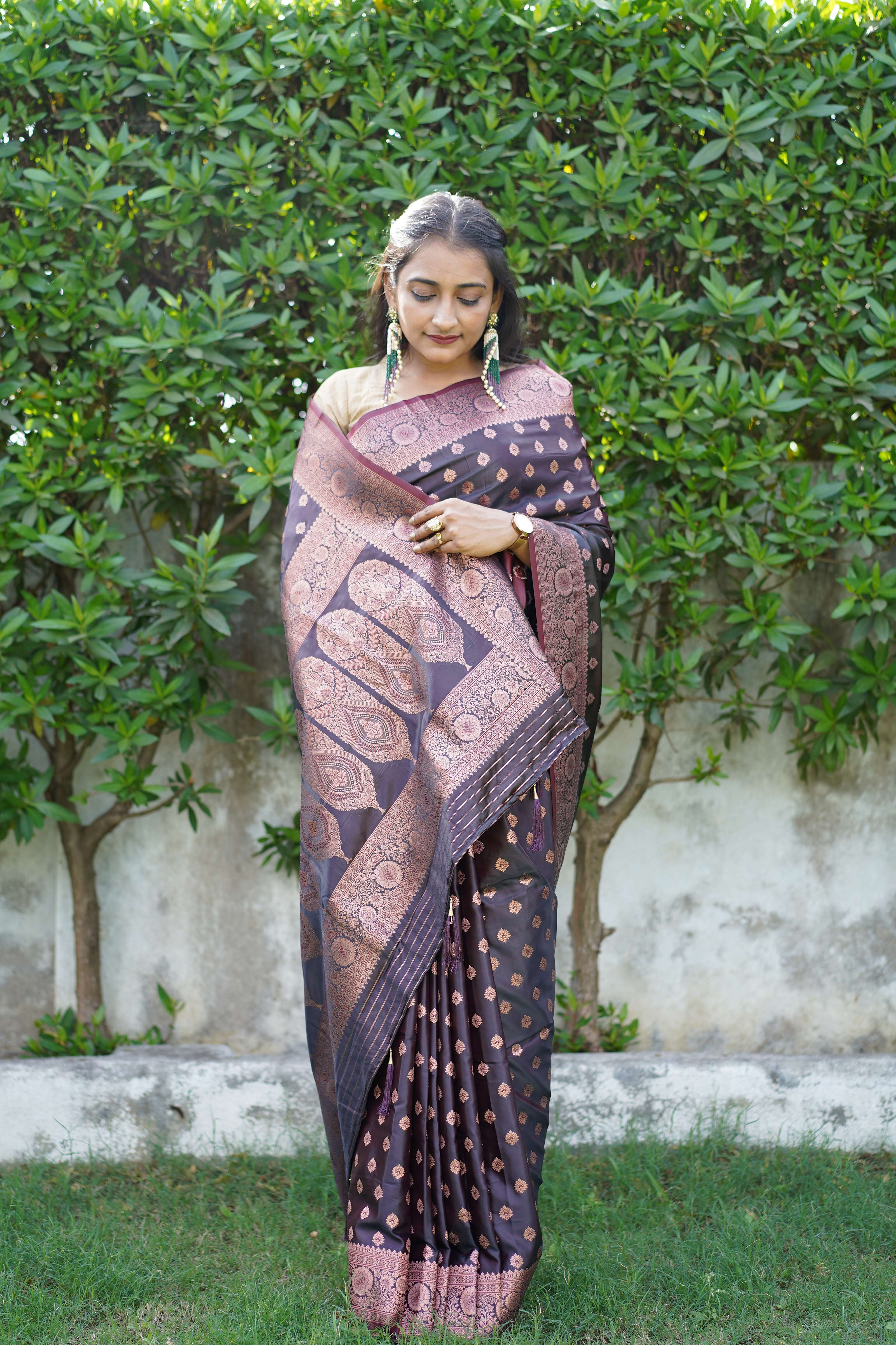 Authentic Banarasi Maroon Satin Silk Saree