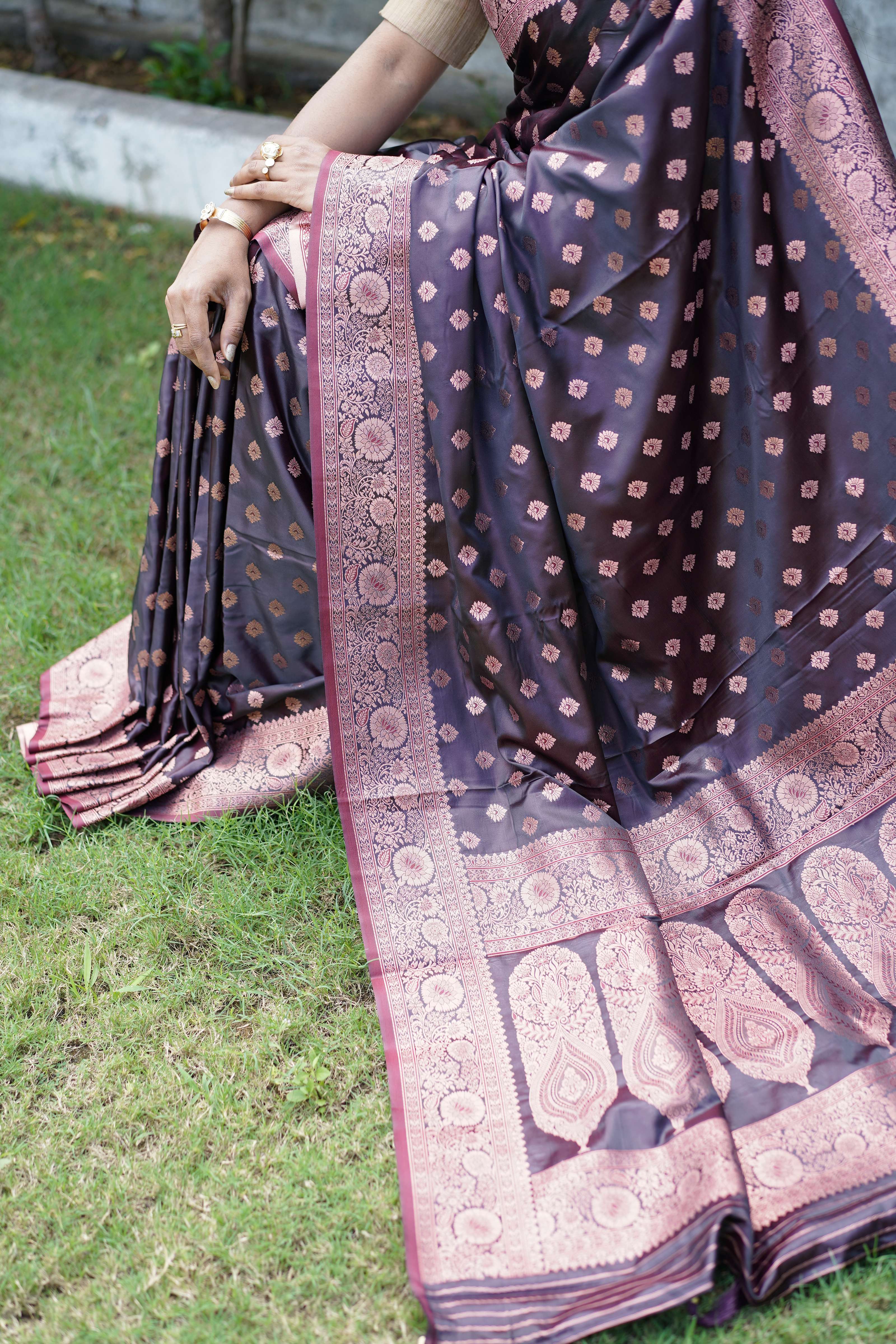 Authentic Banarasi Maroon Satin Silk Saree