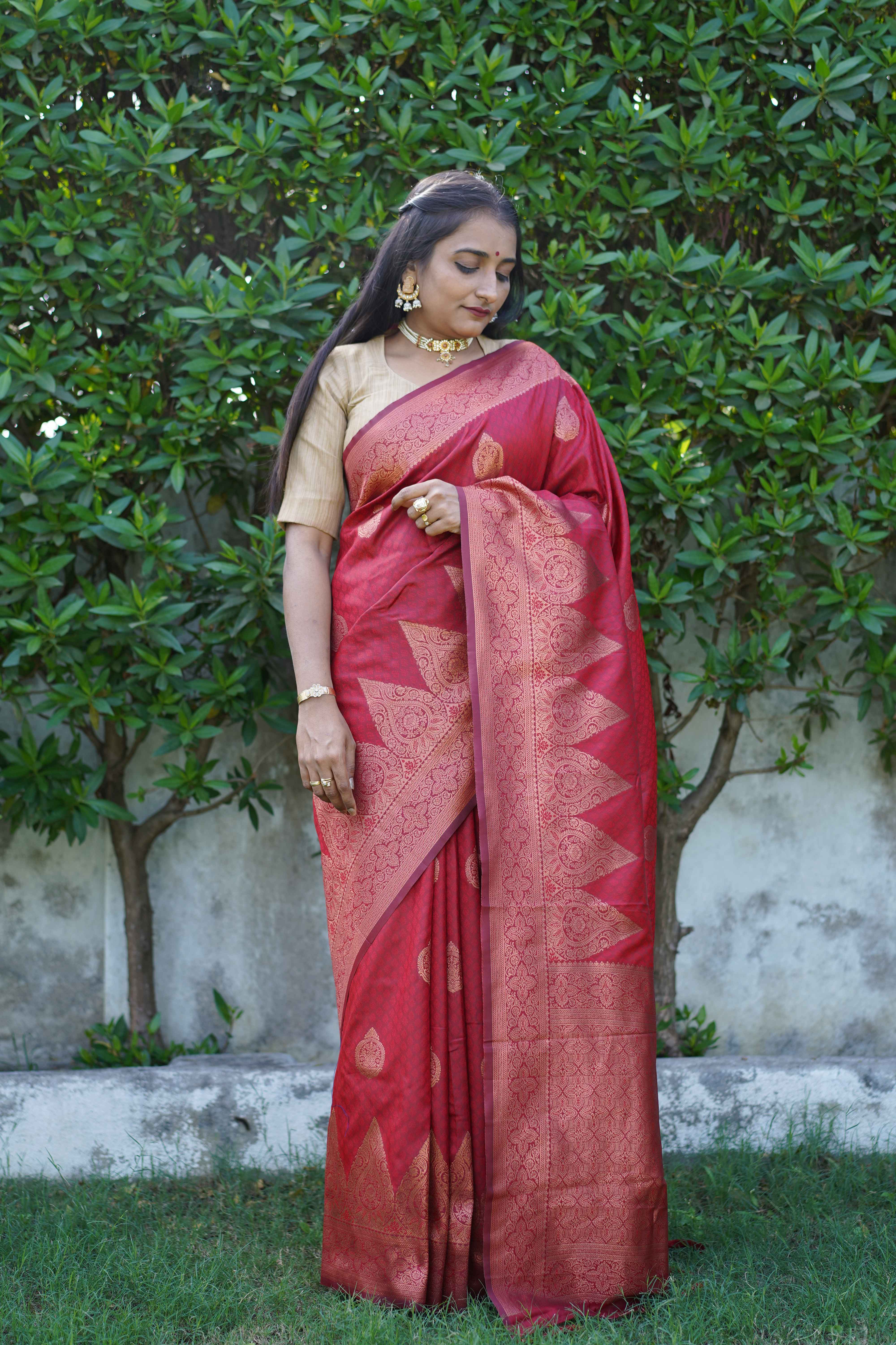 Authentic Dark Red Banarasi Silk Saree