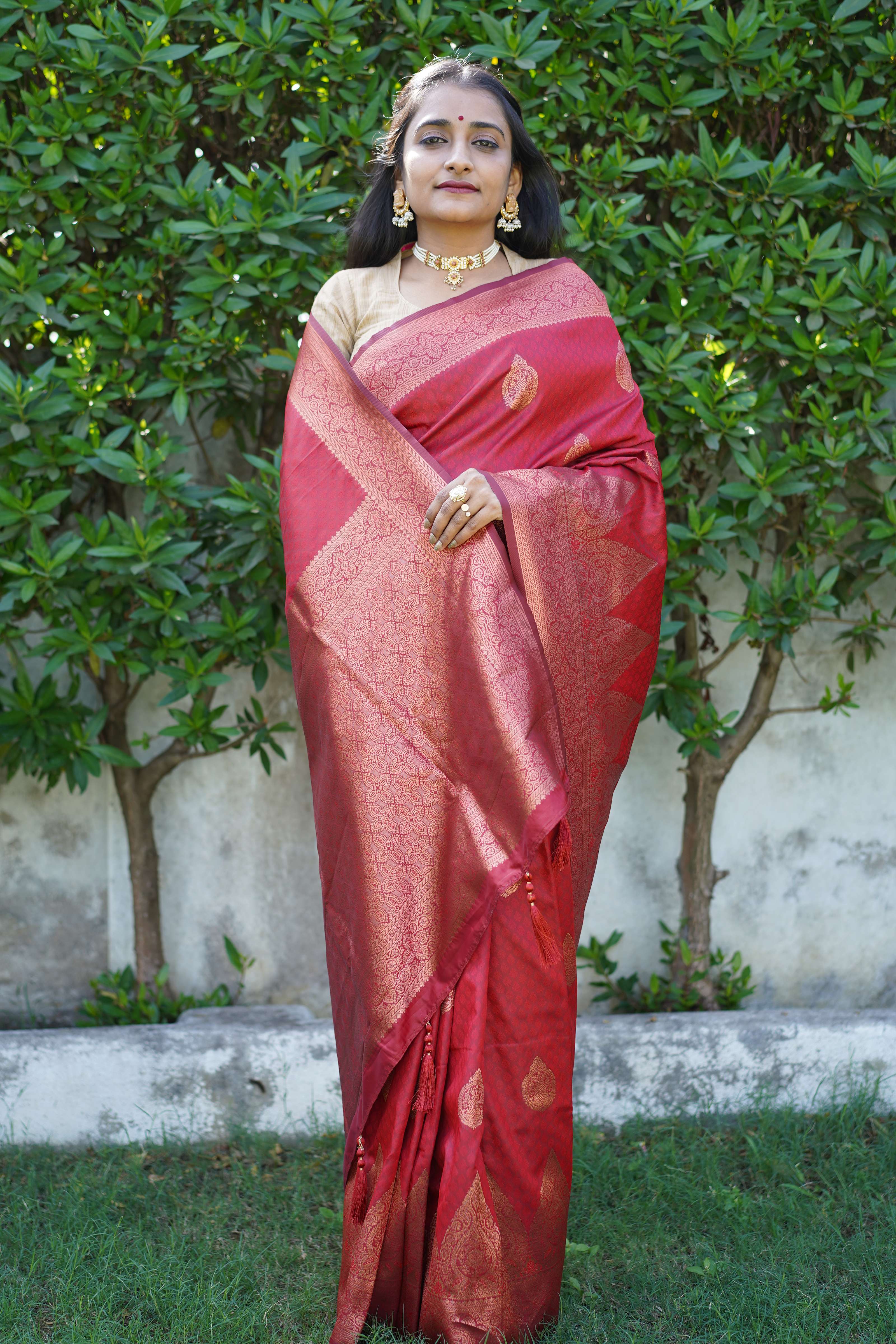 Authentic Dark Red Banarasi Silk Saree