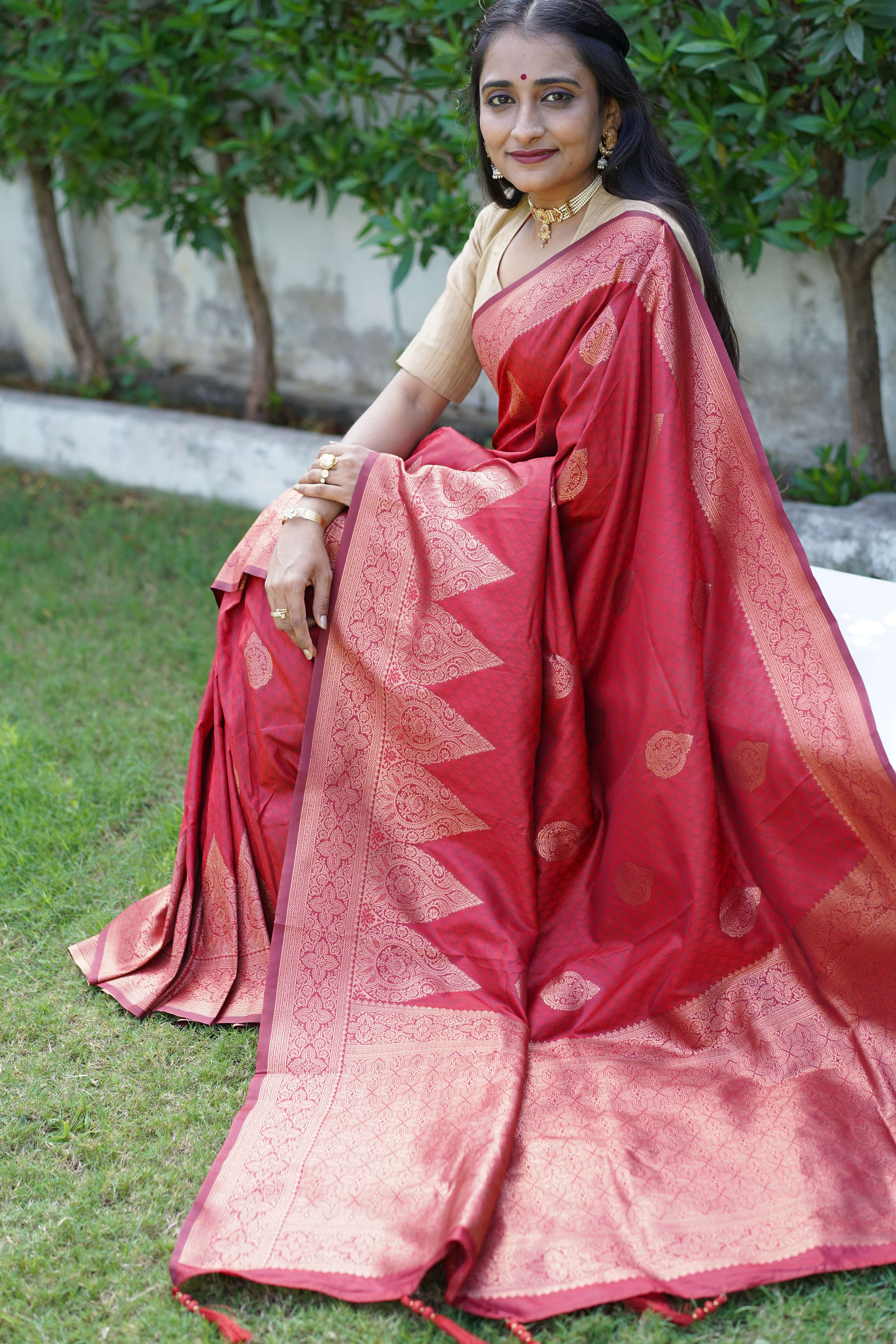 Authentic Dark Red Banarasi Silk Saree