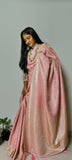 Indian Traditional Exclusive Pure Satin Finish Dual Tone Cute Pink Katan Silk Geometric Work Banarasi saree|