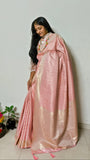 Indian Traditional Exclusive Pure Satin Finish Dual Tone Cute Pink Katan Silk Geometric Work Banarasi saree|