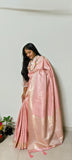 Indian Traditional Exclusive Pure Satin Finish Dual Tone Cute Pink Katan Silk Geometric Work Banarasi saree|