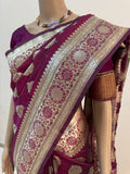 Pure Katan Silk Wine Color Banarasi Saree With Self Design and Buti Pattern in Real Golden Zari Weave | Wedding Saree