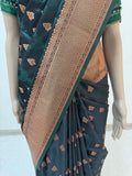 Deep Green Unique Zigzag Self Vel And Buti Pattern In Real Copper Zari Weave Designer Satin Silk Saree | Green saree with Custom Blouse