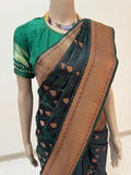 Deep Green Unique Zigzag Self Vel And Buti Pattern In Real Copper Zari Weave Designer Satin Silk Saree | Green saree with Custom Blouse