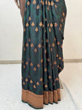Deep Green Unique Zigzag Self Vel And Buti Pattern In Real Copper Zari Weave Designer Satin Silk Saree | Green saree with Custom Blouse