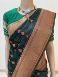 Deep Green Unique Zigzag Self Vel And Buti Pattern In Real Copper Zari Weave Designer Satin Silk Saree | Green saree with Custom Blouse