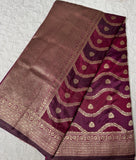 Wine And Maroon Muted Gold Zari Weaved Banarasi Silk Leria Pattern Saree | Banarasi Sarees USA | Wine Color Sarees