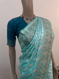 New Banarasi Dual Tone Turquoise Color Jal With Buti Pattern Satin Silk Heavy Saree, Saree With Blouse