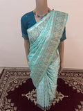 New Banarasi Dual Tone Turquoise Color Jal With Buti Pattern Satin Silk Heavy Saree, Saree With Blouse
