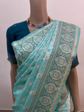 New Banarasi Dual Tone Turquoise Color Jal With Buti Pattern Satin Silk Heavy Saree, Saree With Blouse