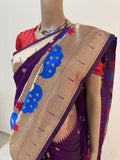 Peacock Pattern Designer Paithani Katan Silk Saree | Peacock Pattern Broad And Round Buti Body Pattern Purple Paithani Saree