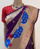 Peacock Pattern Designer Paithani Katan Silk Saree | Peacock Pattern Broad And Round Buti Body Pattern Purple Paithani Saree
