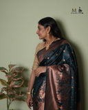 German Blue Banarasi Pure Self Silk Saree With Floral And Zari Buti Pattern Indian Traditional Kanjivaram silk South Indian