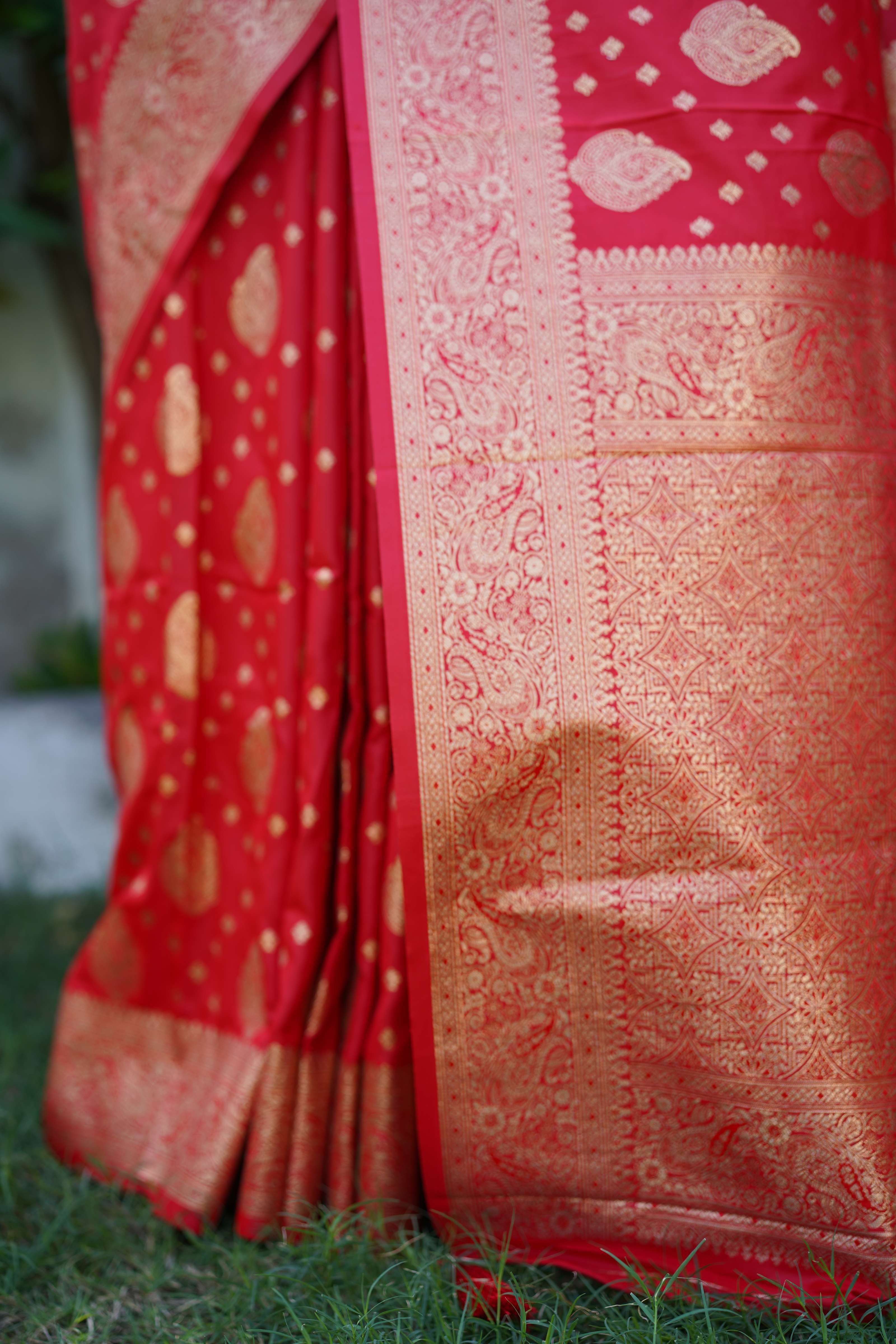 Chili Red Banarasi Satin Silk Buti Pattern Saree