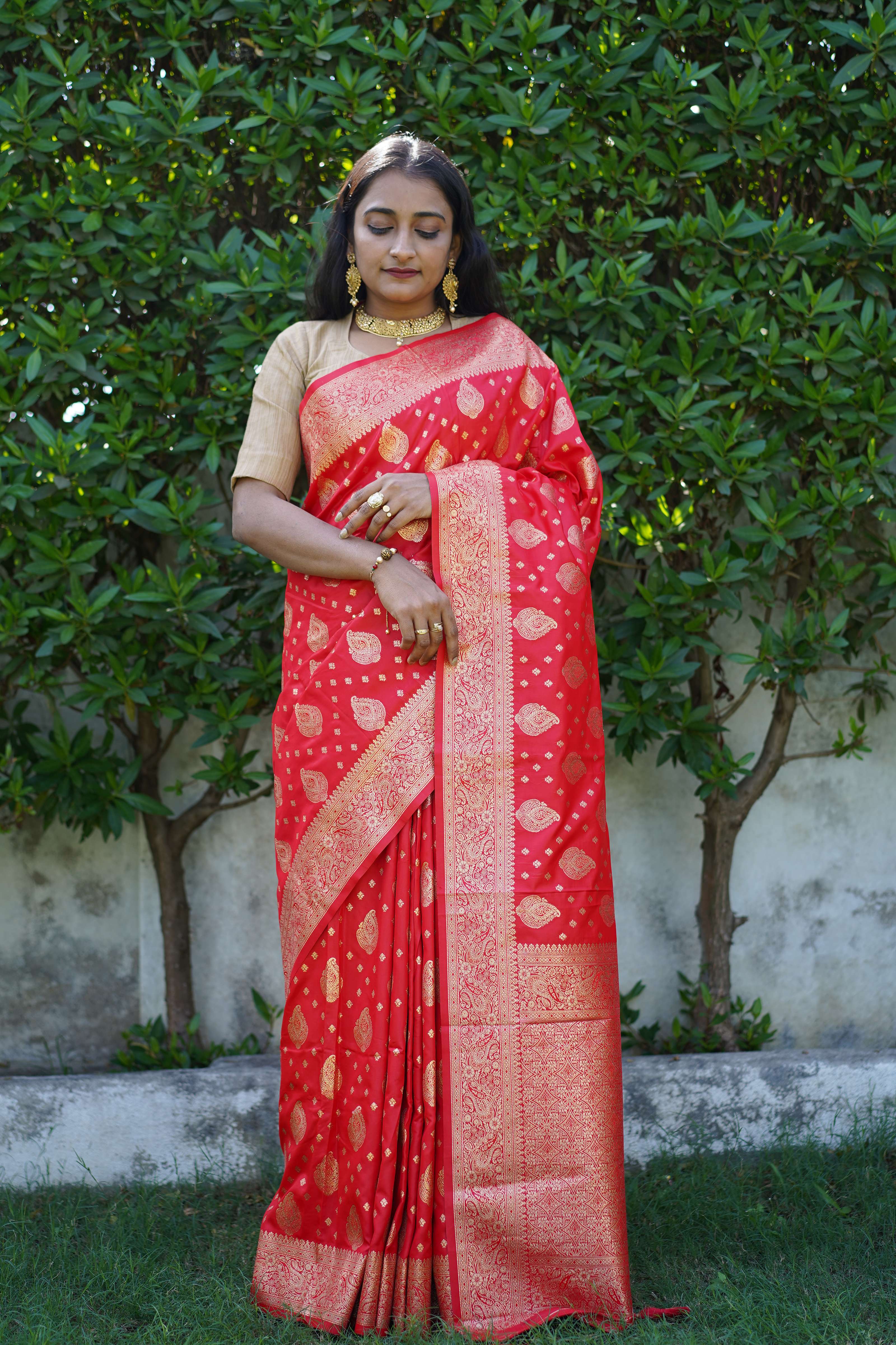 Chili Red Banarasi Satin Silk Buti Pattern Saree