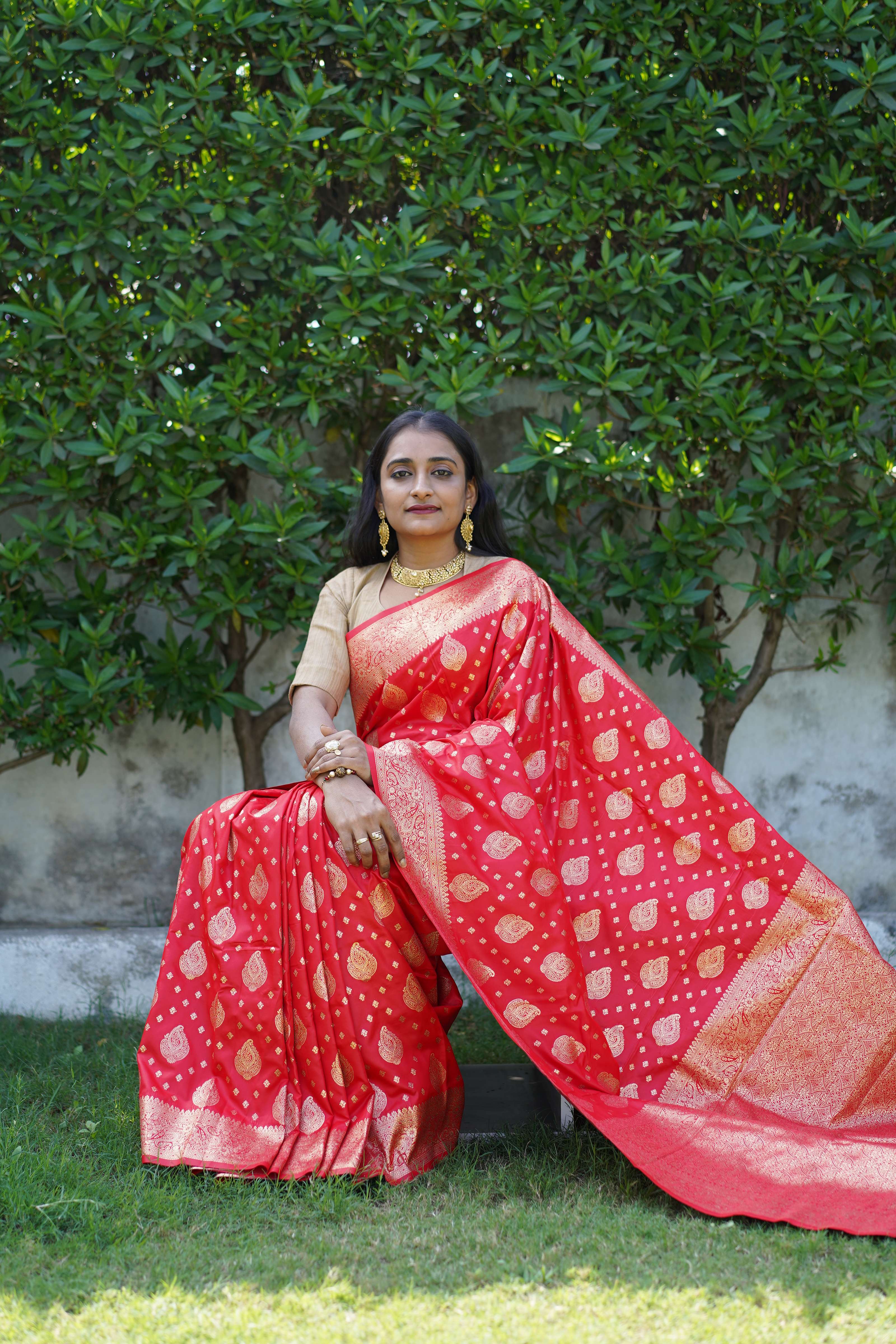 Chili Red Banarasi Satin Silk Buti Pattern Saree