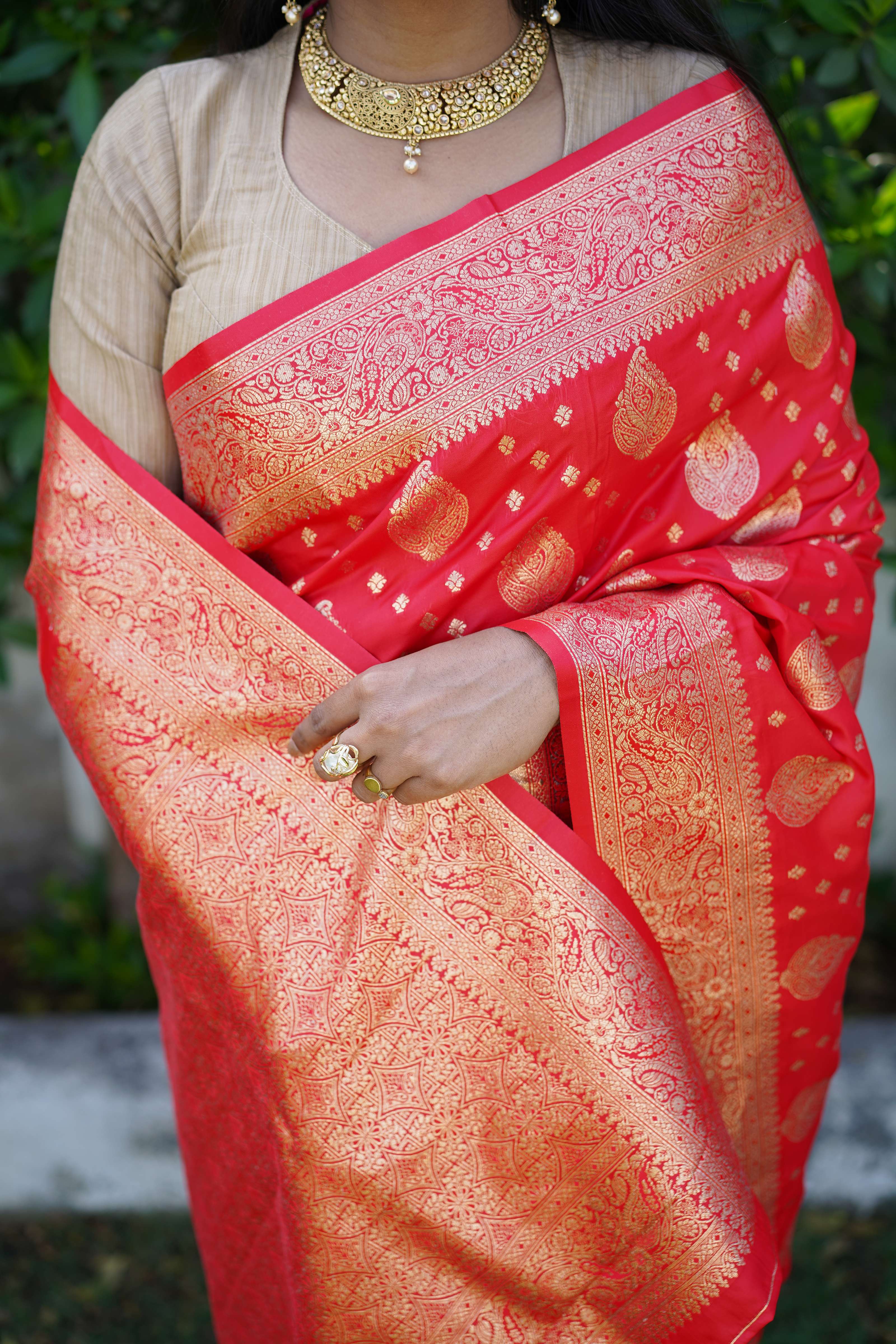 Chili Red Banarasi Satin Silk Buti Pattern Saree