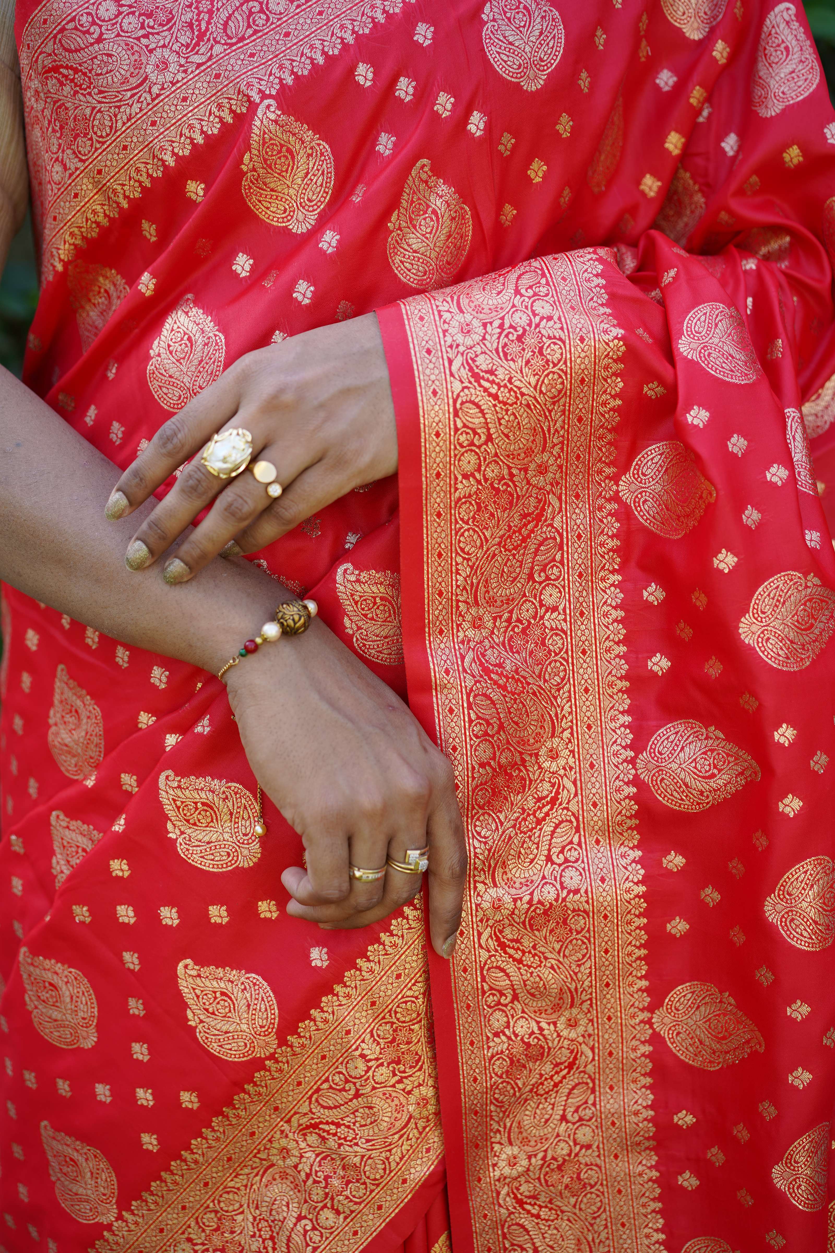 Chili Red Banarasi Satin Silk Buti Pattern Saree